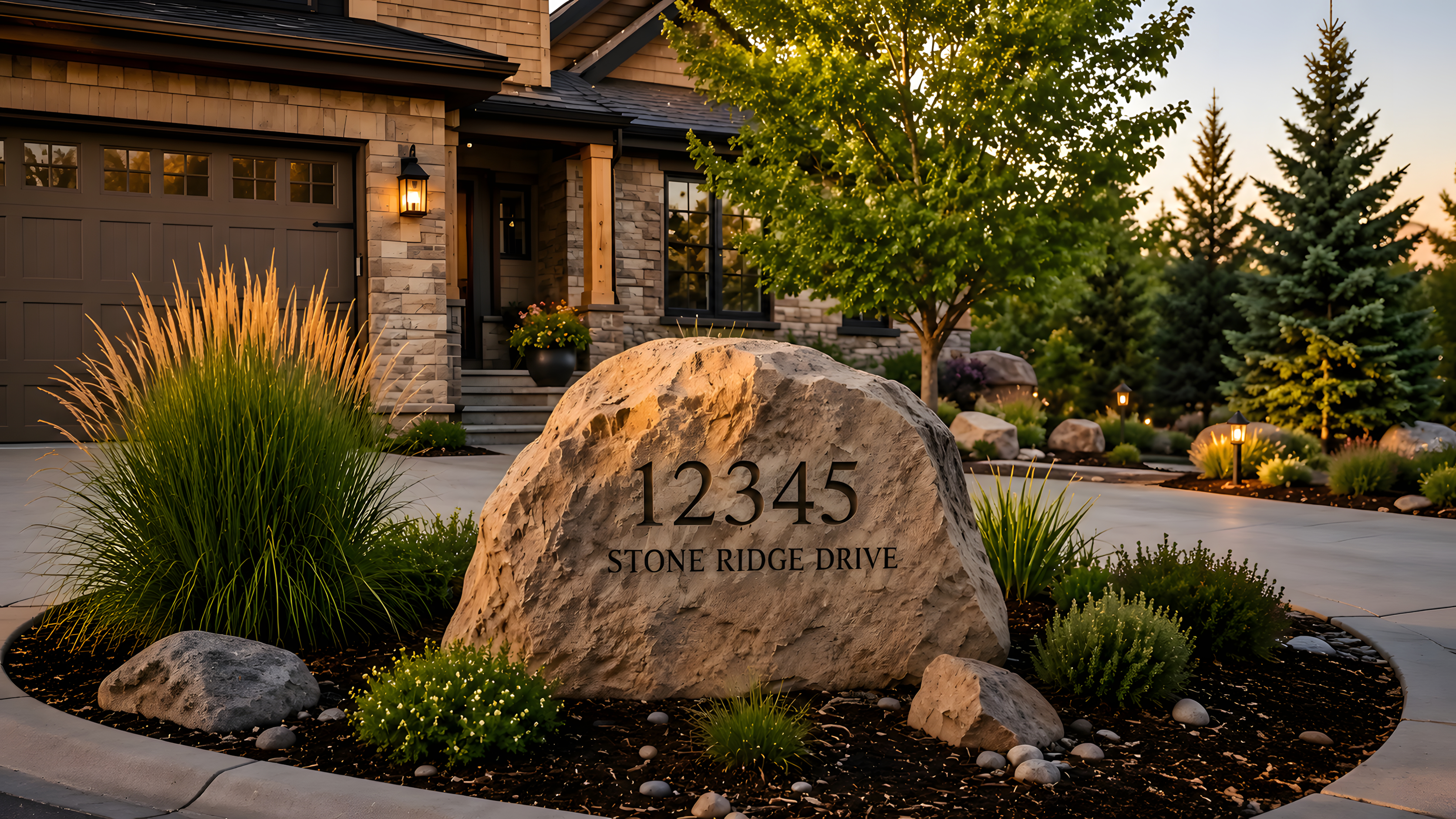 Custom concrete address boulder at residential entrance