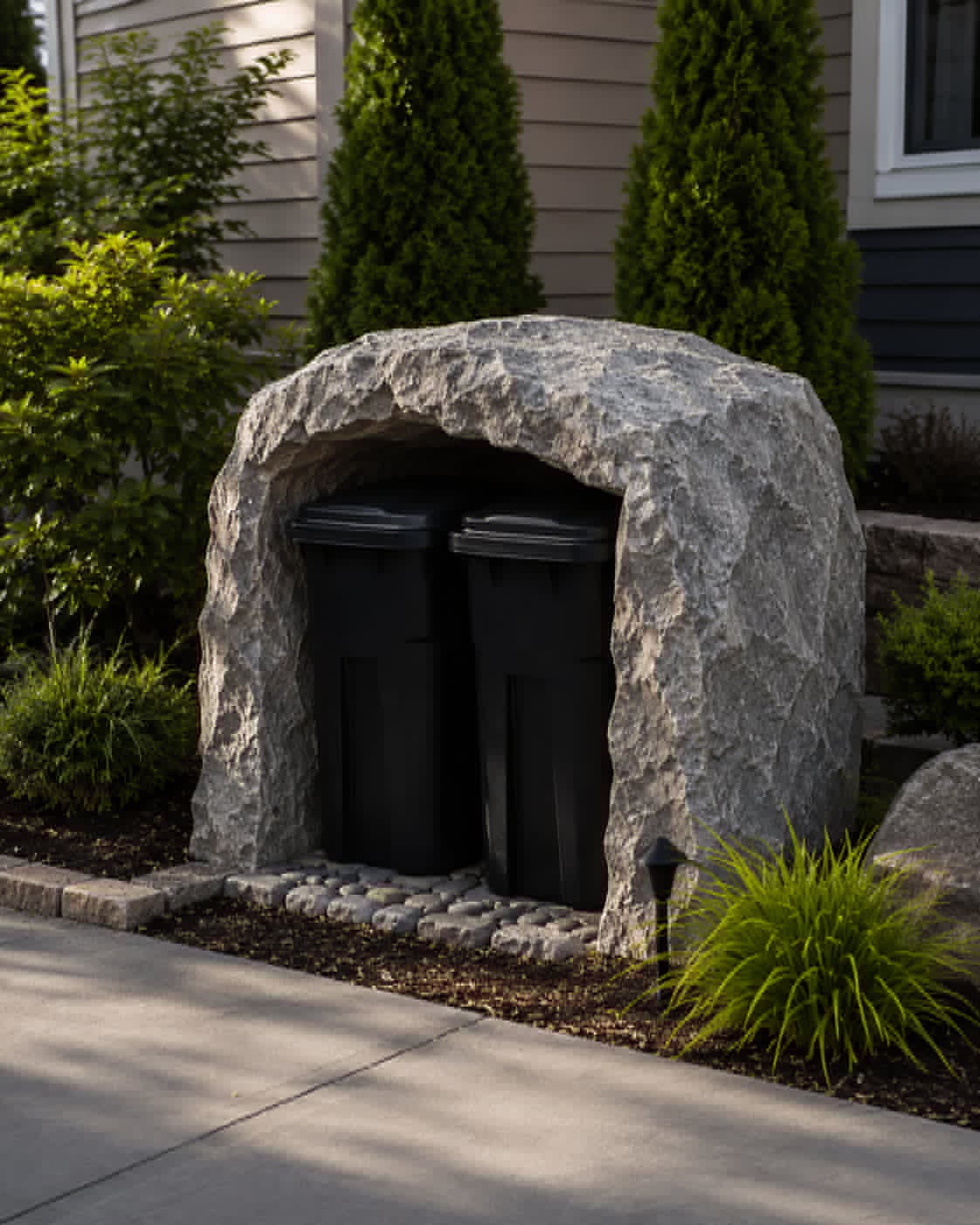 Concrete boulder enclosure hiding two trash cans