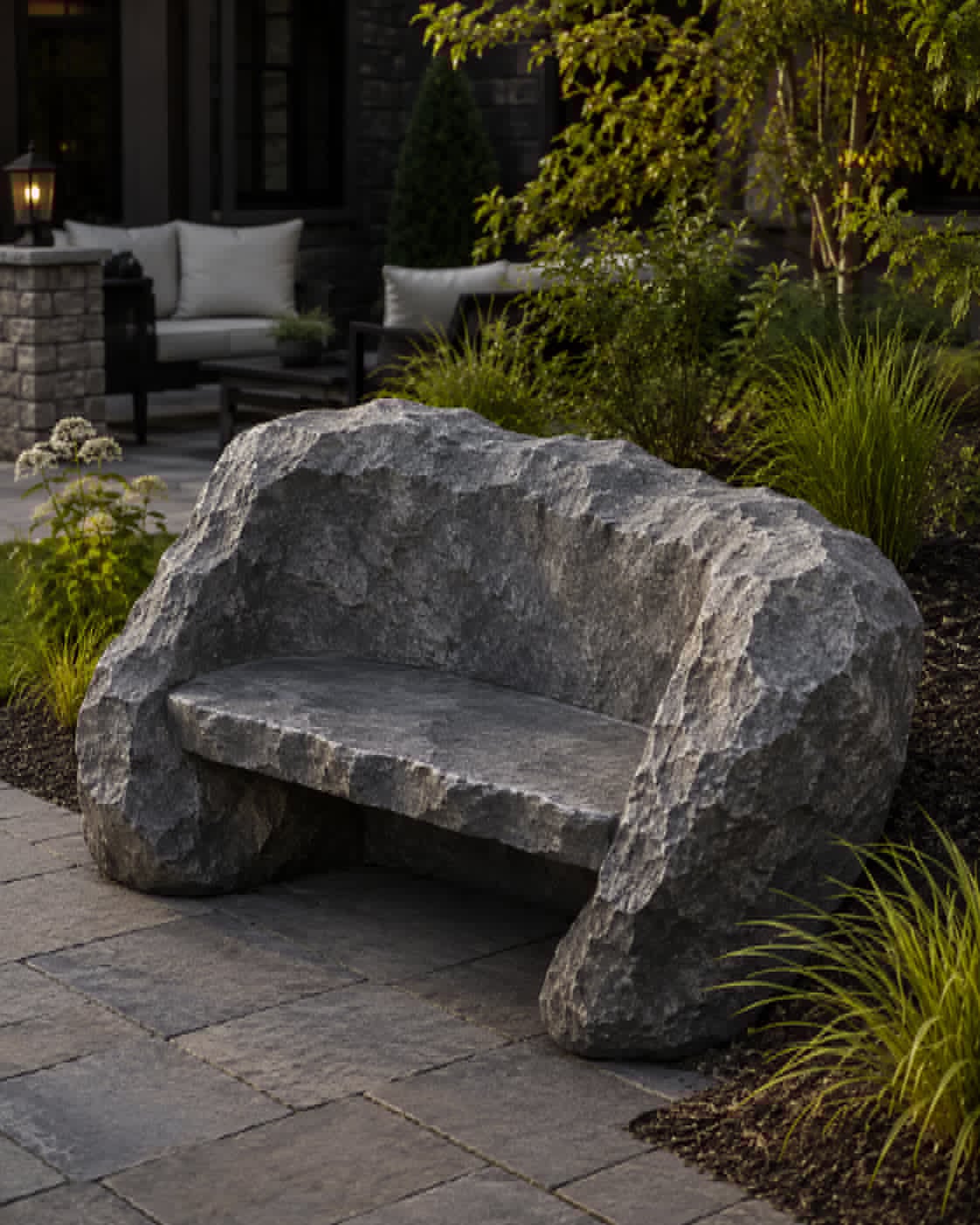 Custom concrete stone bench on patio