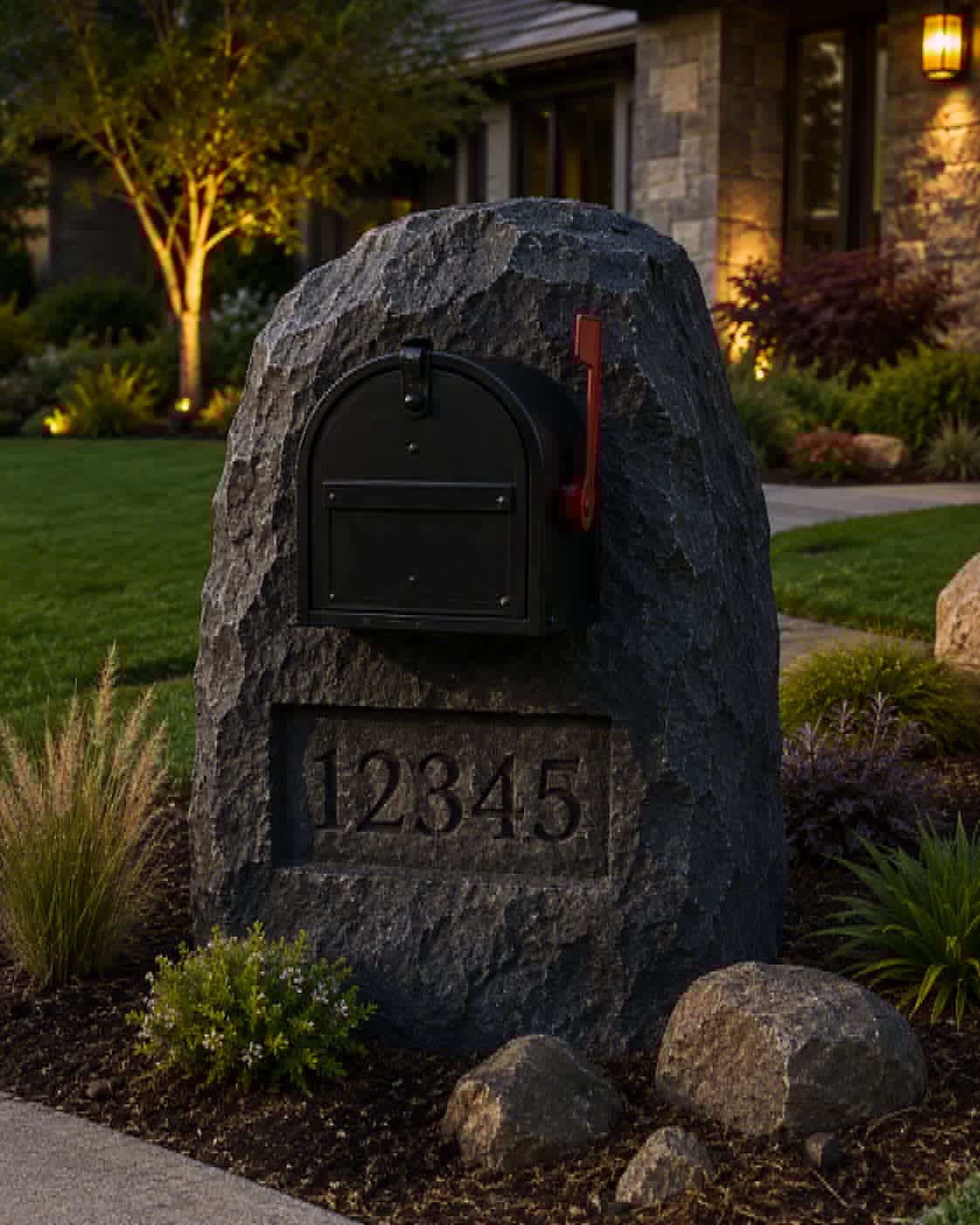 Boulder mailbox with address numbers at luxury home entrance
