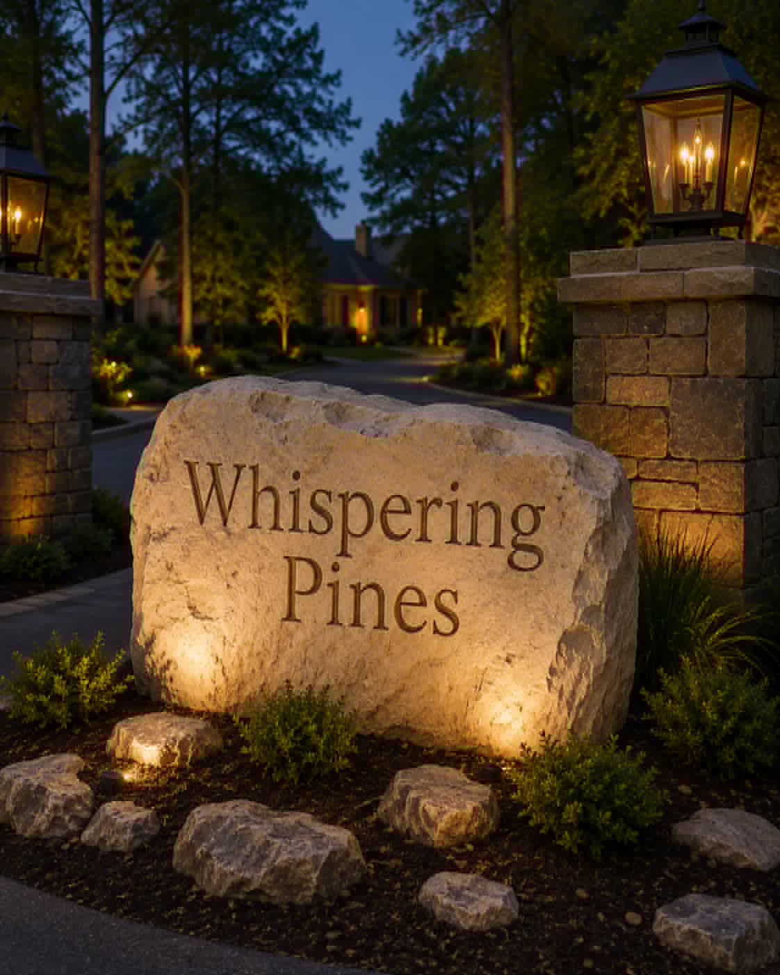 Whispering Pines neighborhood entrance boulder at night