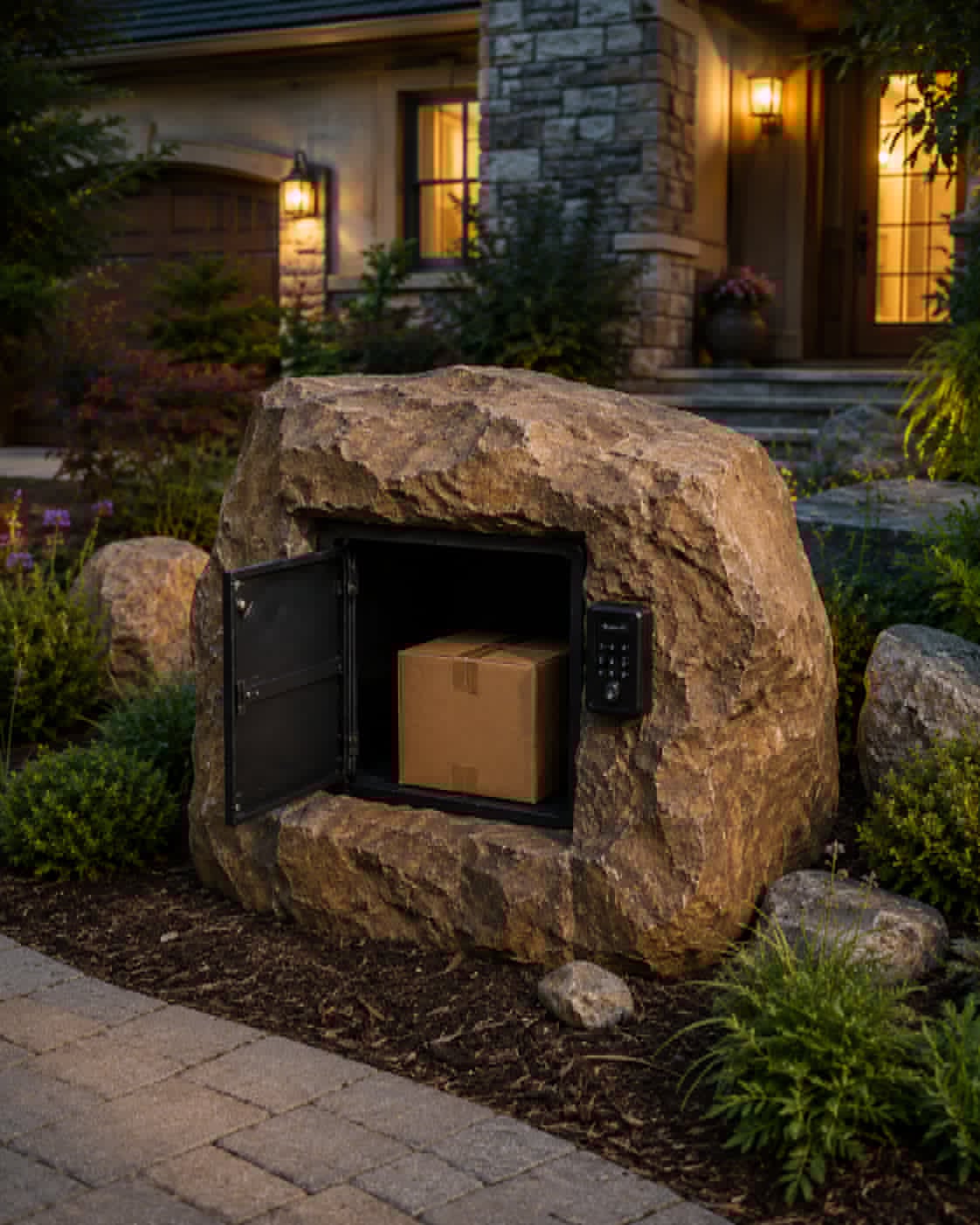 Package vault open showing delivery box inside boulder